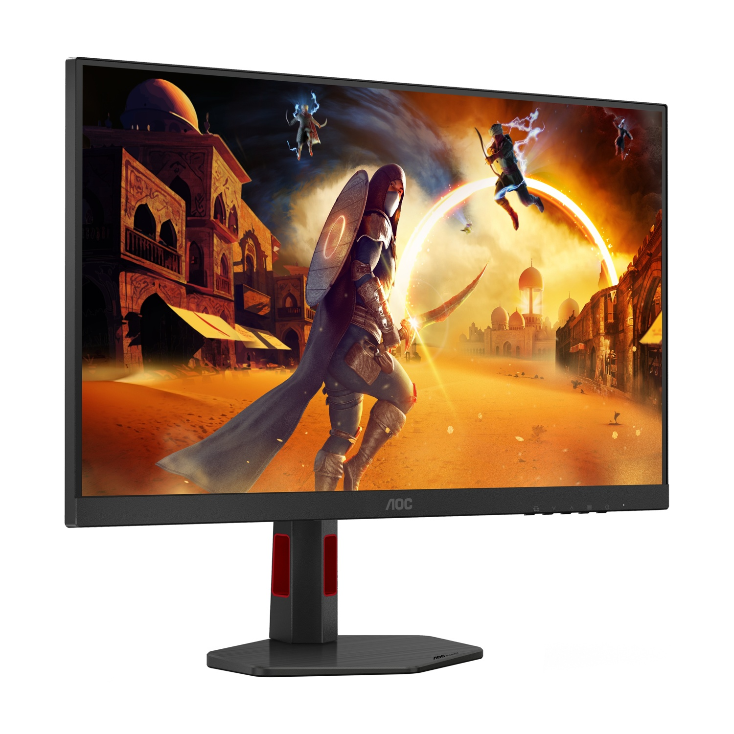 Un monitor mostra un gioco con guerrieri in una città desertica.