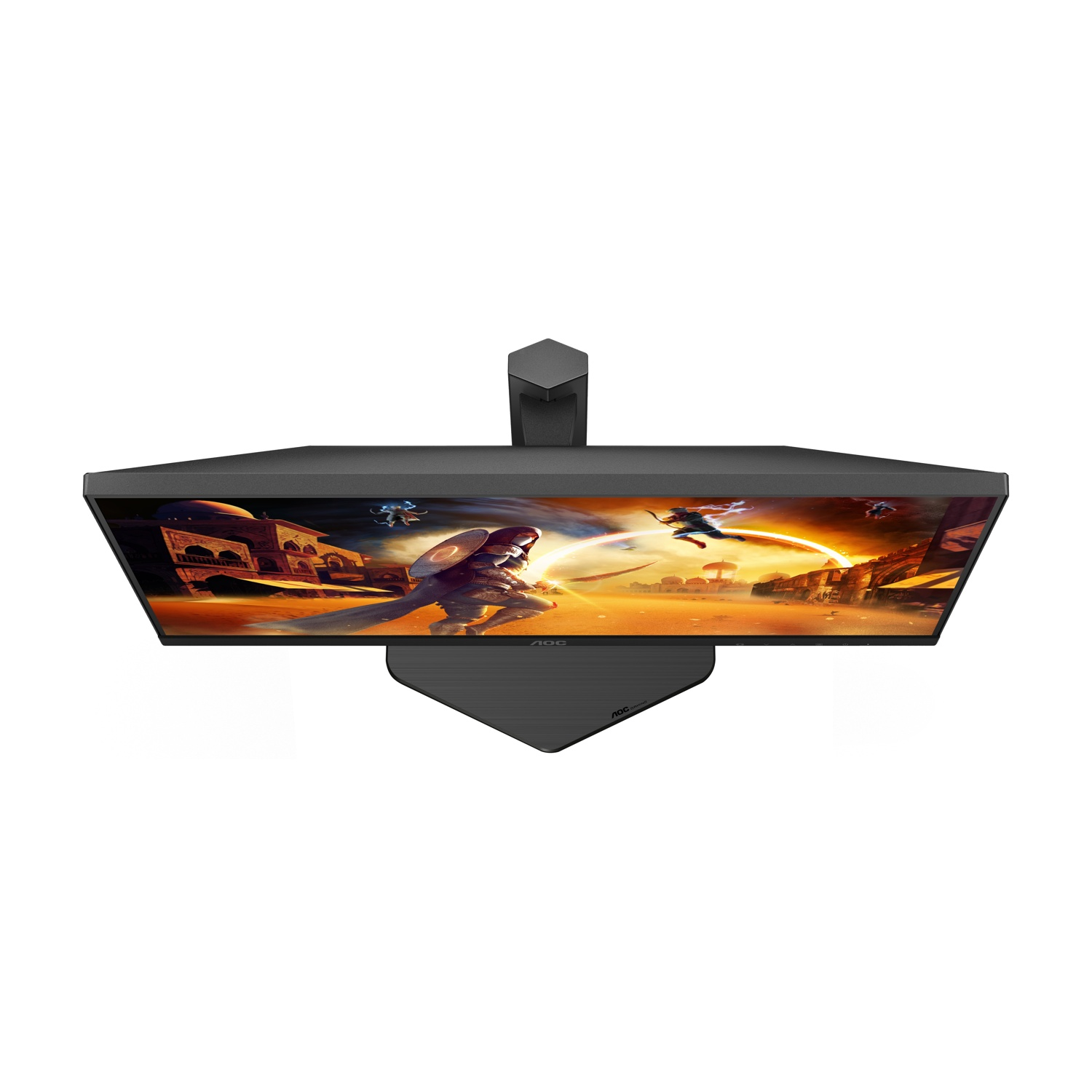 Un monitor da gaming mostra guerrieri davanti a una città orientale.