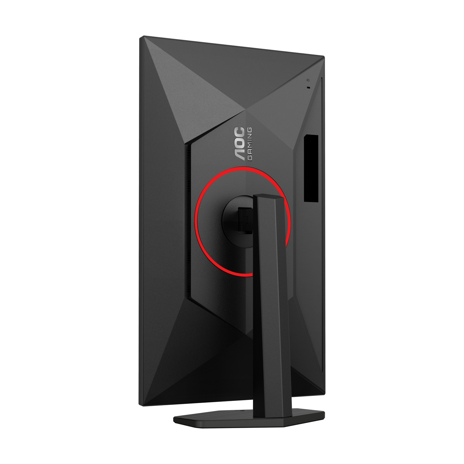 Retro di un monitor AOC Gaming nero con anello rosso e supporto.