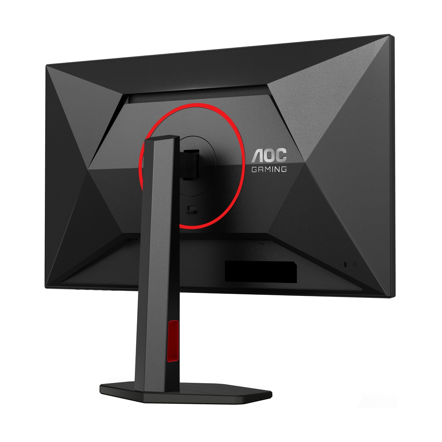 Retro di un monitor AOC Gaming nero con anello rosso e supporto.