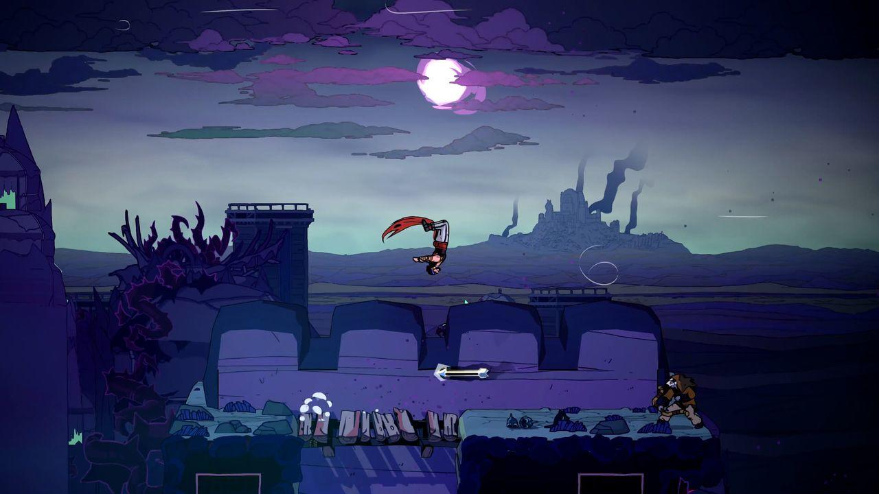 Eine Figur vollführt einen Salto in der Luft über einer lila Landschaft mit großem Mond u. Stadt.