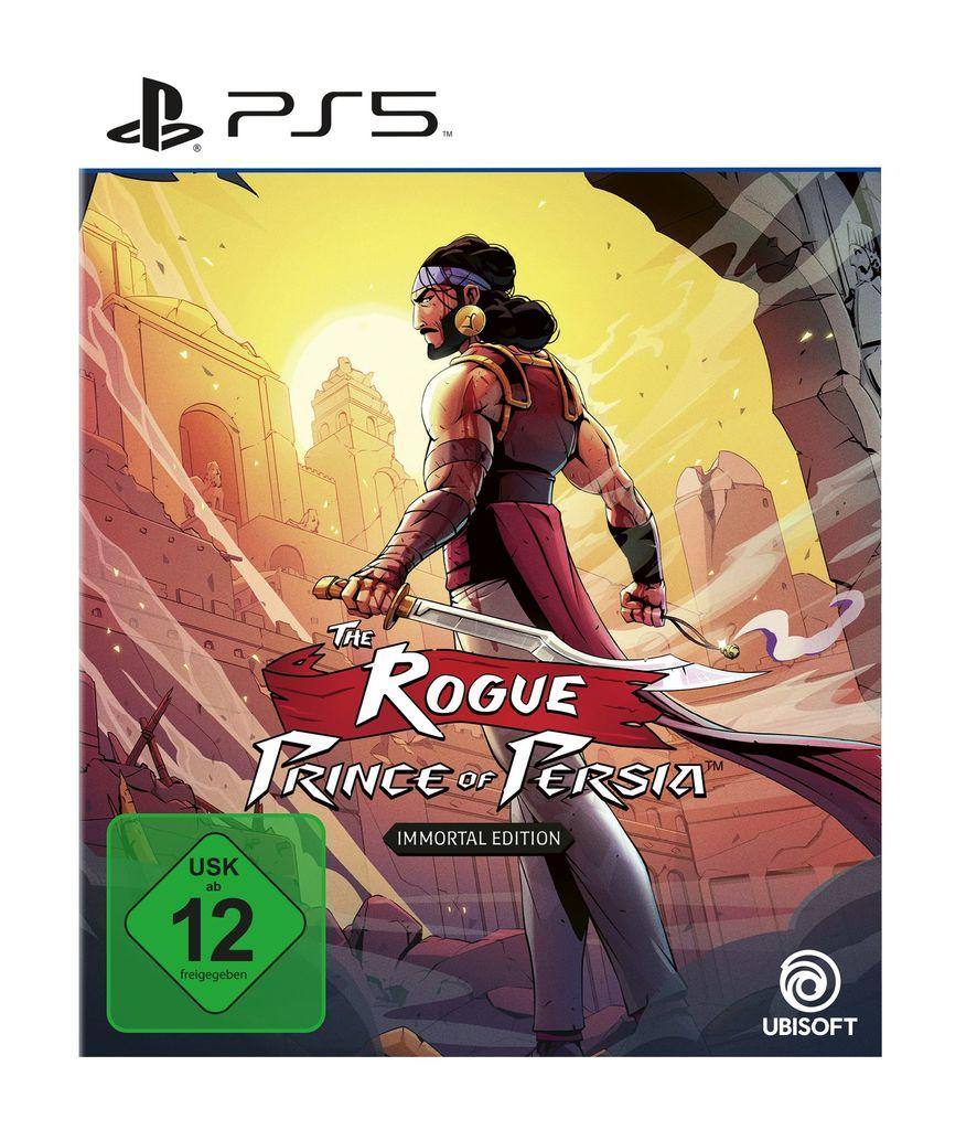 Ein Mann mit Schwert und Bandana steht vor einer Stadtkulisse mit PS5-Logo.