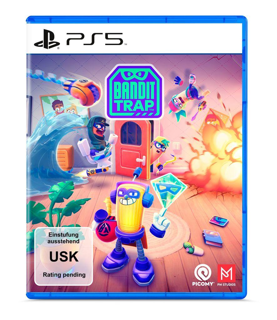 PS5 Spielhülle 'Bandit Trap' mit Cartoon-Charakteren, Explosionen und Wellen.