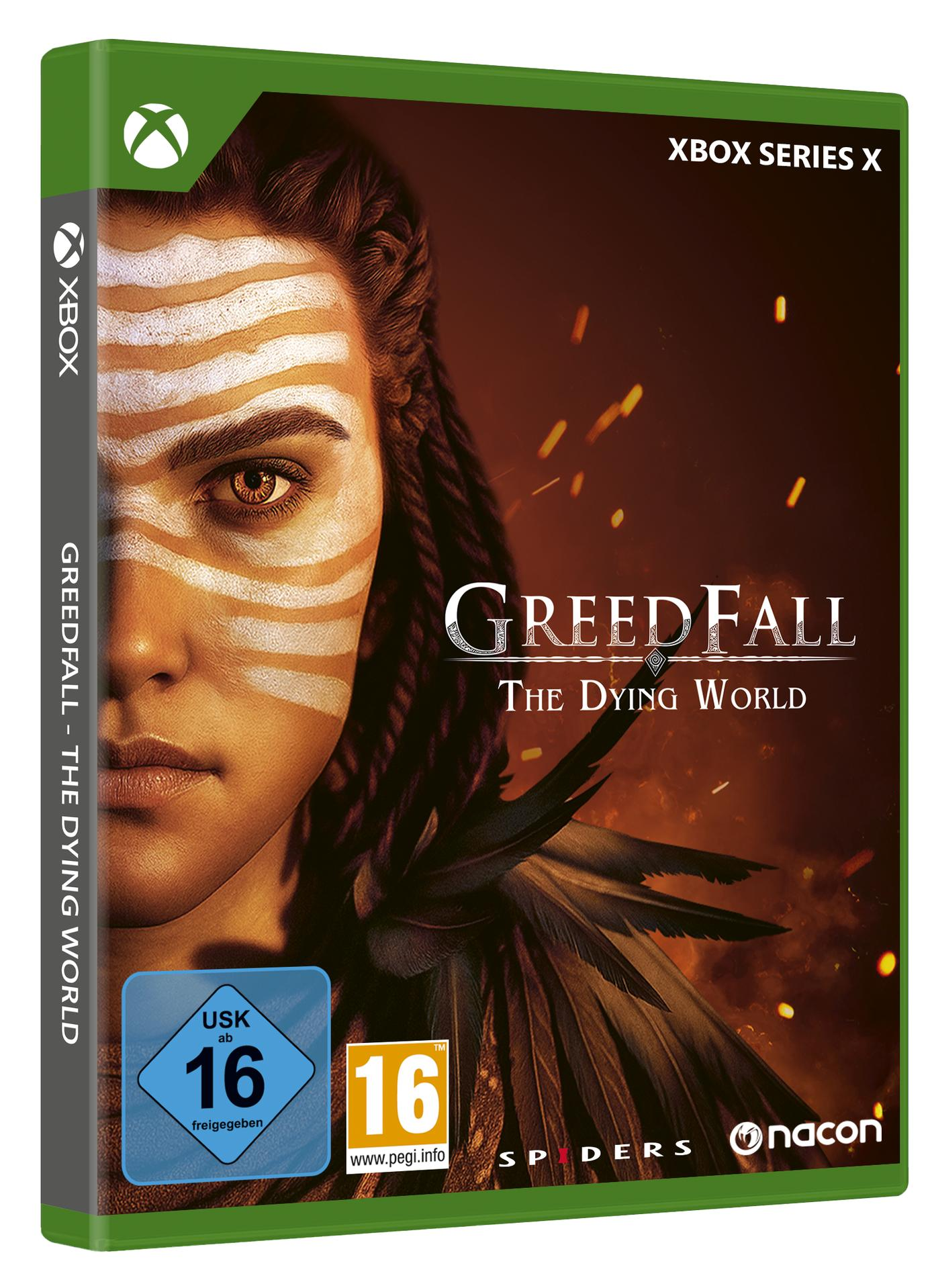 Greedfall: The Dying World Xbox Series X Hülle mit Kriegerin-Motiv.