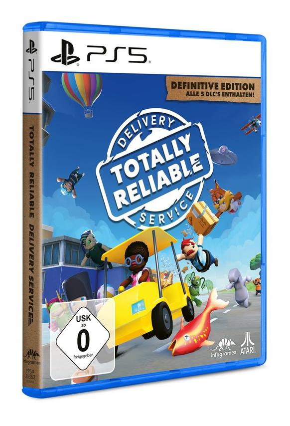 PS5-Spielcover: "Totally Reliable Delivery Service" mit Cartoon-Charakteren und einem gelben Lieferwagen.