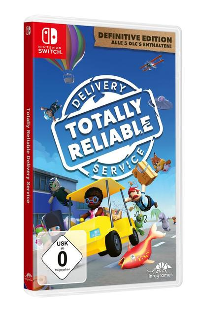 Spielcover mit bunten Charakteren, die Pakete liefern. Ein Heißluftballon und Flugzeuge sind am Himmel.