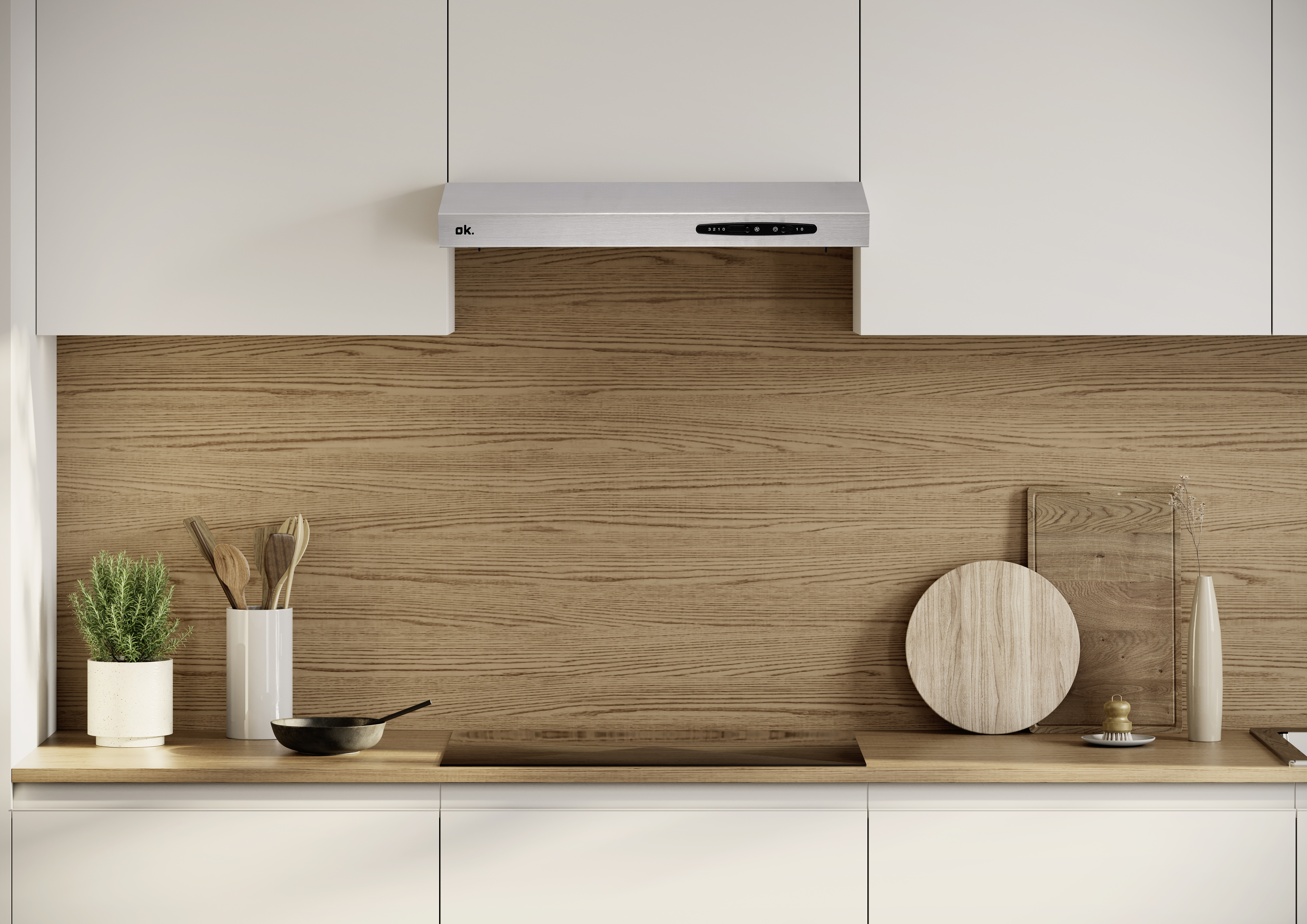 Eine moderne Küche mit Holzverkleidung, Dunstabzugshaube und Utensilien.