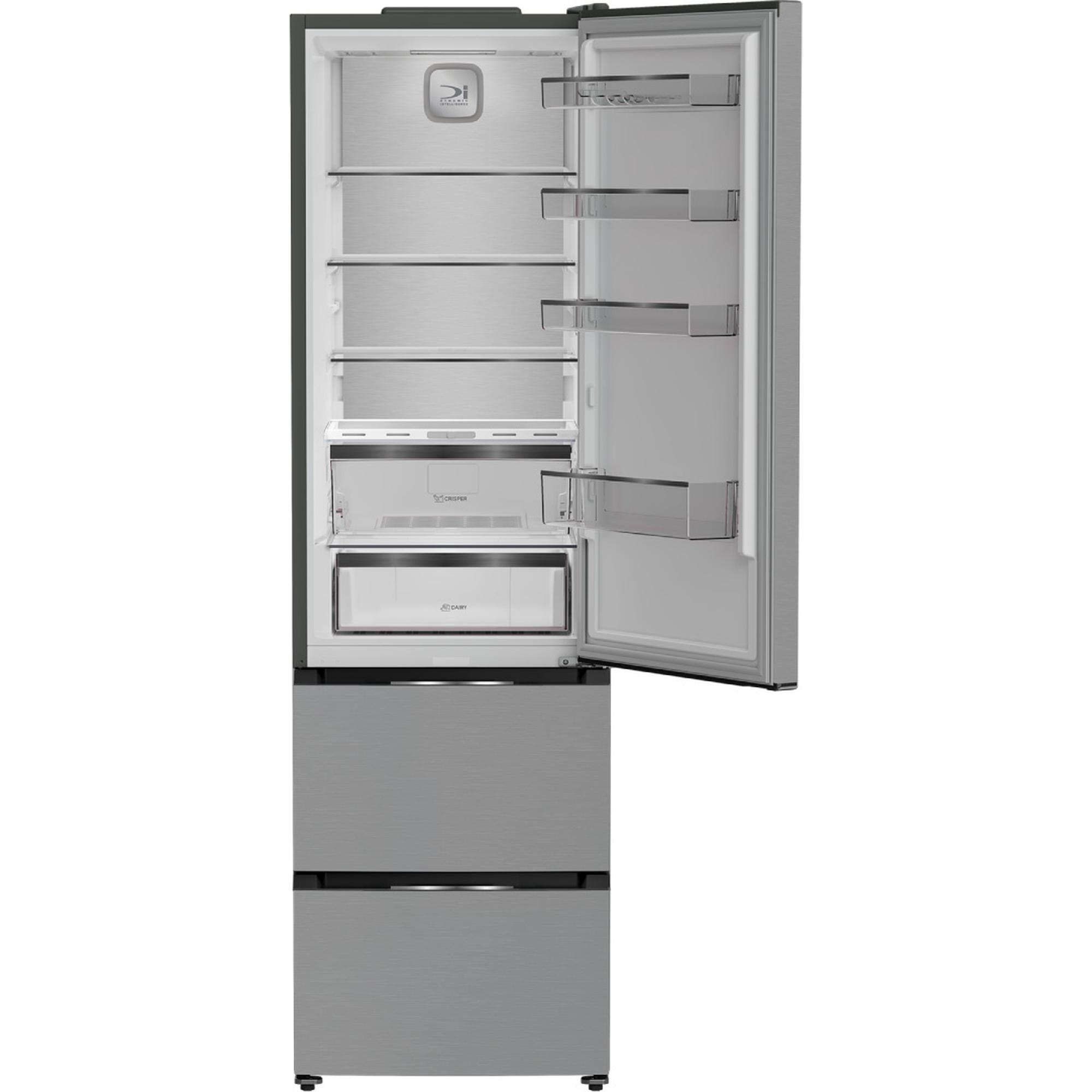 Ein offener silberner Kühlschrank mit Glasböden und Schubladen.