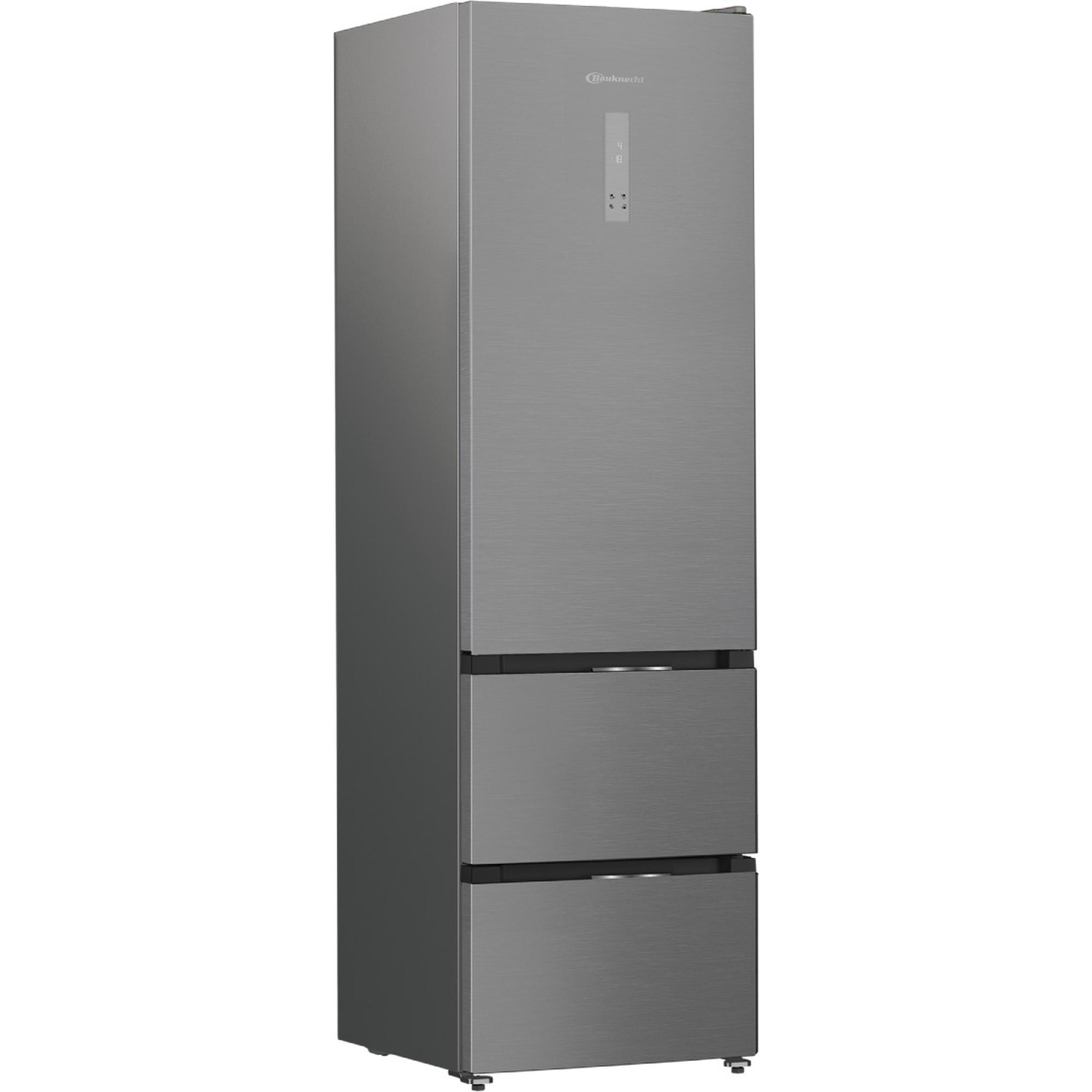 Grauer Kühlschrank mit drei Schubladen und digitaler Anzeige. Bauknecht-Logo oben.