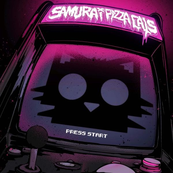 Egy "SAMURAI PIZZA CATS" feliratú játéktermi gép, macskával a képernyőn.