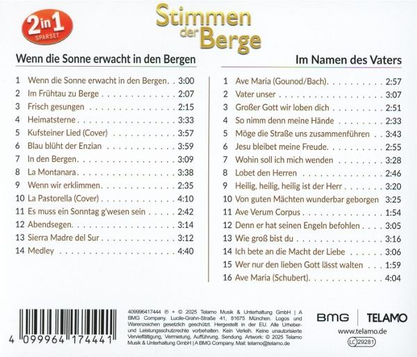 Albumcover mit Titellisten für 'Stimmen der Berge', links 'Wenn die Sonne erwacht in den Bergen', rechts 'Im Namen des Vaters'.