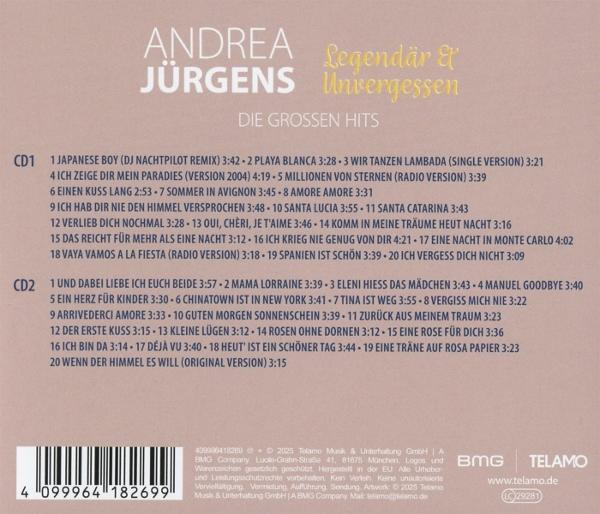 Andrea Jürgens CD-Cover mit Songliste: Legendär & Unvergessen, Die Grossen Hits.
