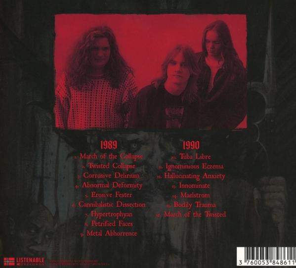 Drei Personen vor rotem Hintergrund; darunter Songtitel von 1989 und 1990.
