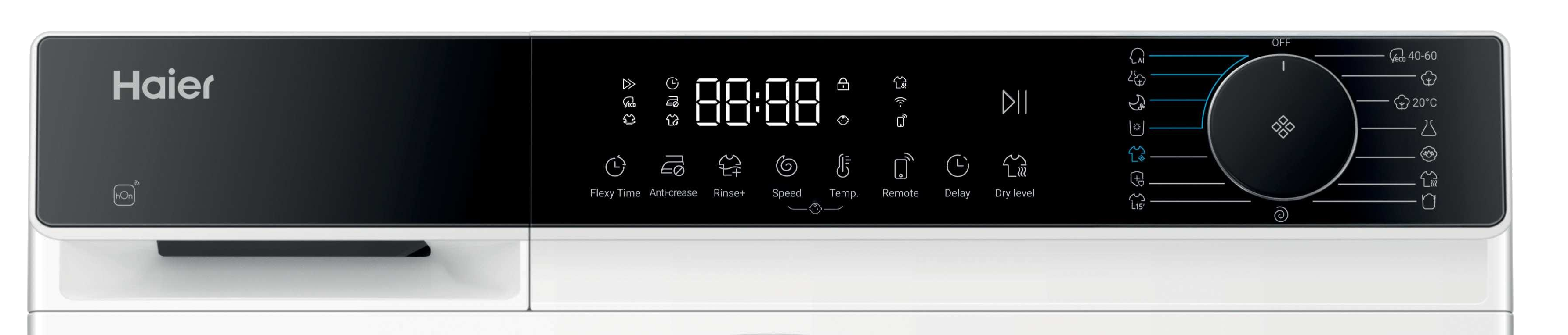 Haier mosógép kezelőpanel digitális kijelzővel és forgókapcsolóval.
