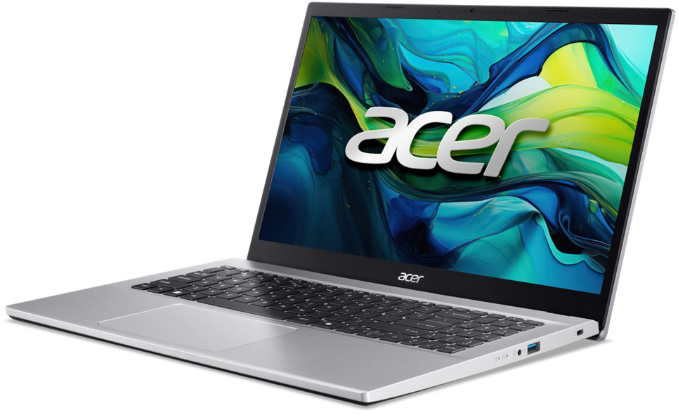 Egy ezüst Acer laptop színes, absztrakt háttérképpel a képernyőjén.