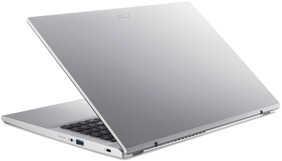 Ezüst Acer laptop billentyűzettel és USB porttal, fehér háttérrel.