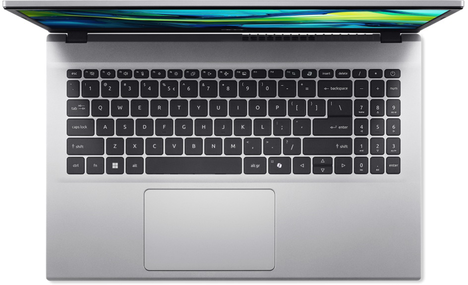 Egy nyitott laptop ezüst házzal és billentyűzettel.