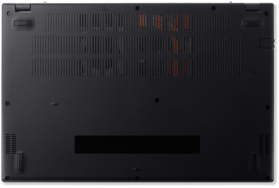 Fekete laptop alsó része, szellőzőnyílásokkal és narancssárga ventilátorokkal.