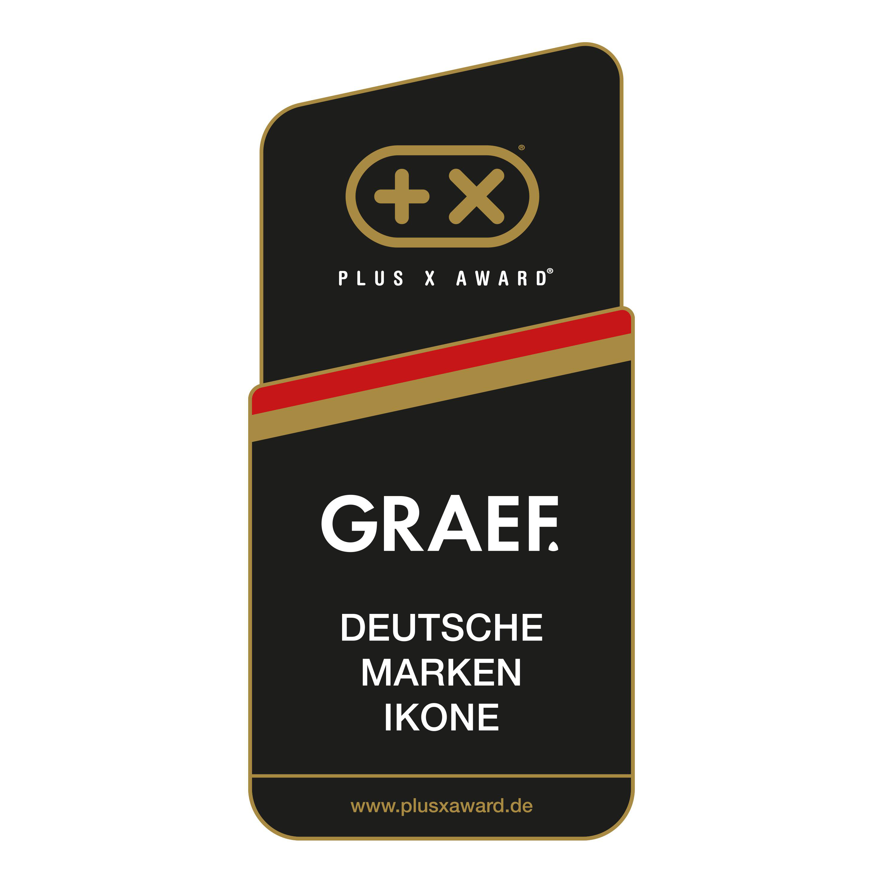 Plus X Award Trophäe mit "GRAEF DEUTSCHE MARKEN IKONE" Schriftzug.