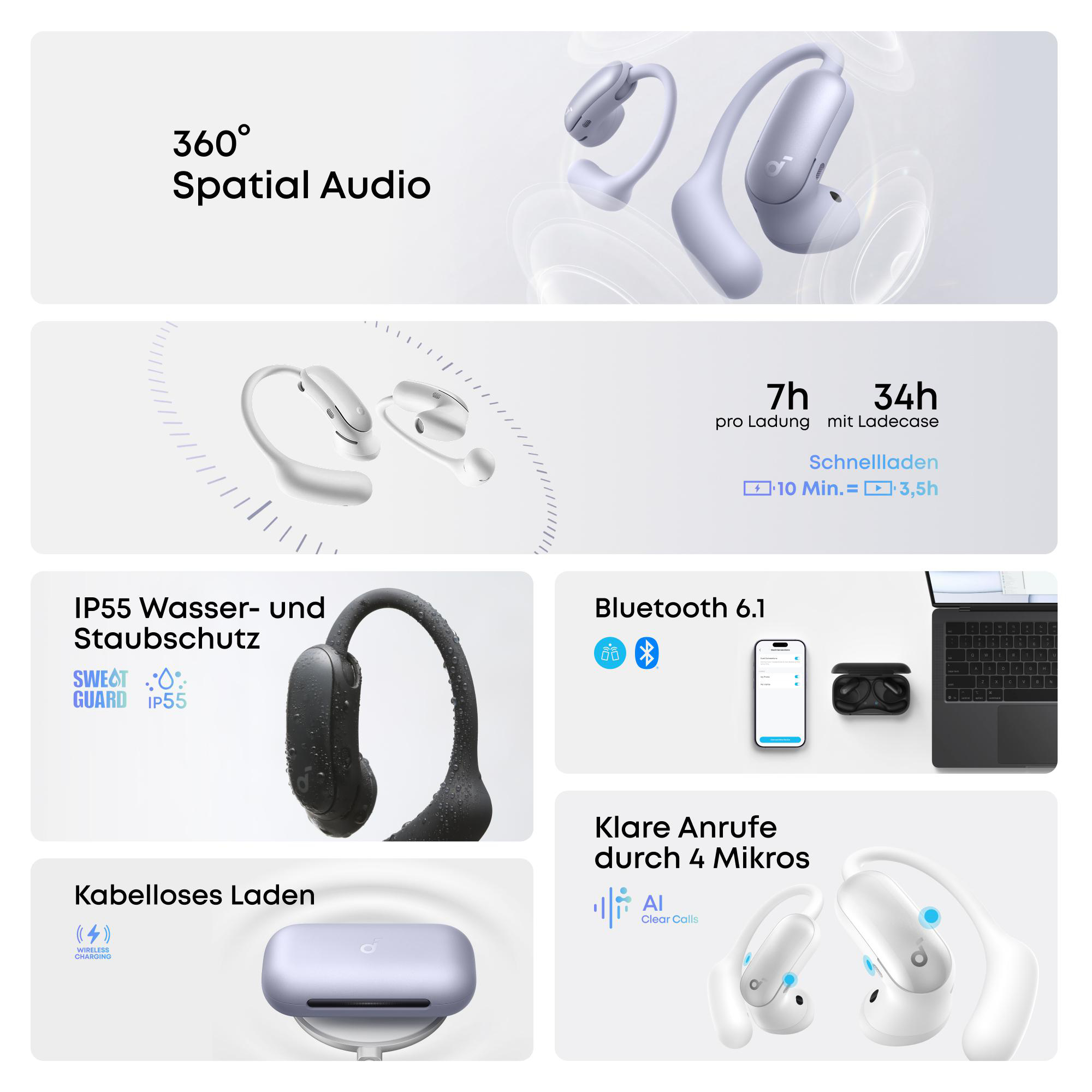 Produktübersicht mit Kopfhörern, Ladecase, Smartphone und Laptop. Zeigt 360° Spatial Audio, IP55-Schutz, Akkulaufzeit und Bluetooth 6.1.