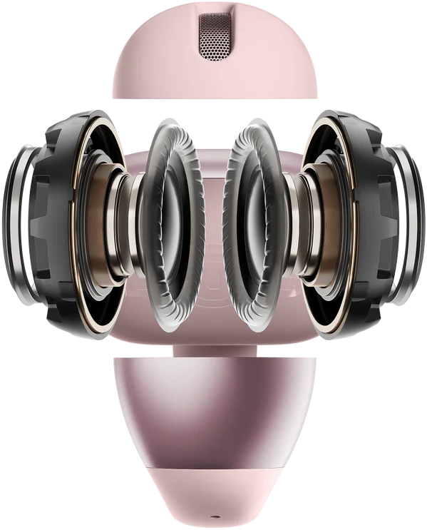 Explodierte Ansicht eines rosa Lautsprechers mit freiliegenden Treibern und Gehäuseteilen.
