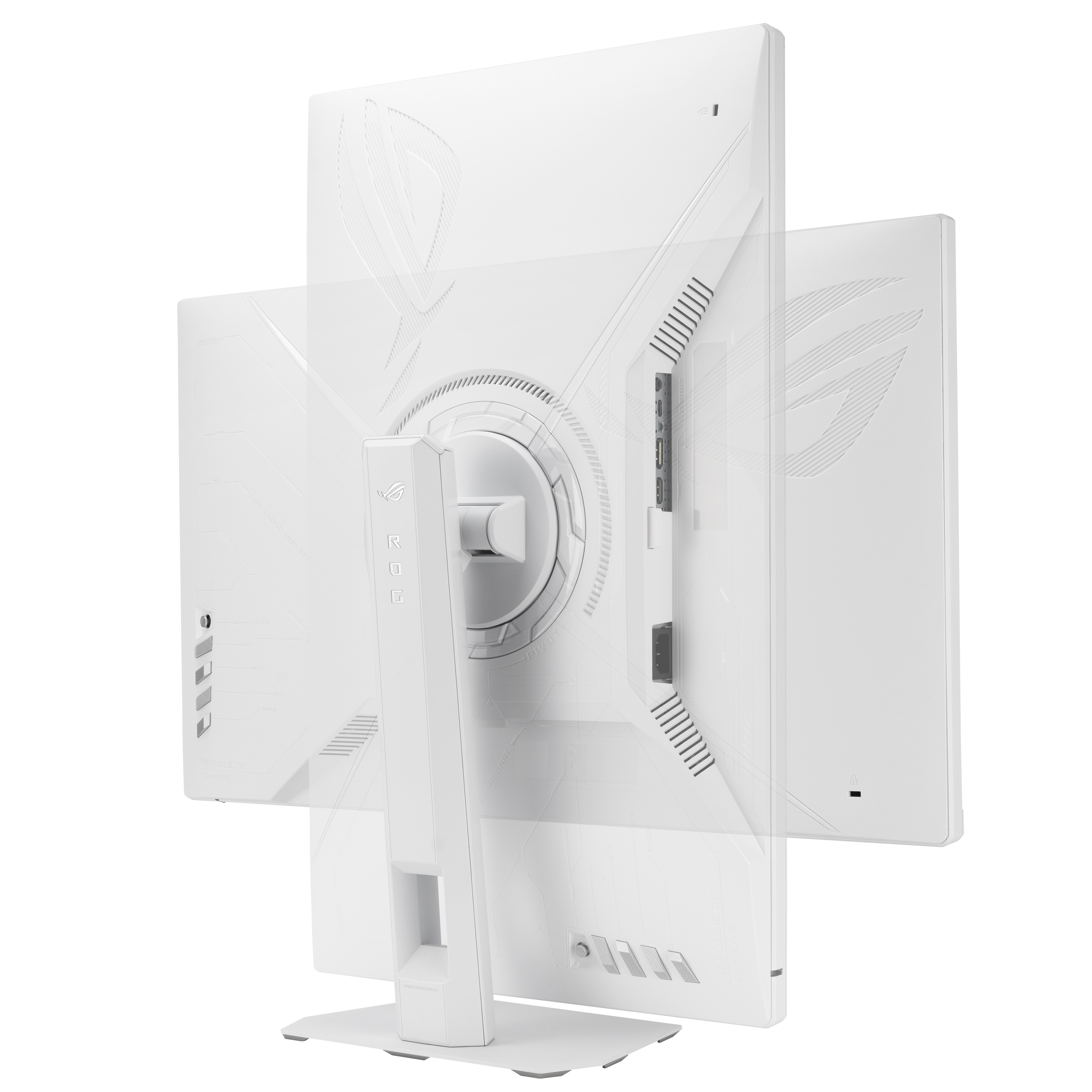Vue arrière d'un moniteur blanc avec support et ports.