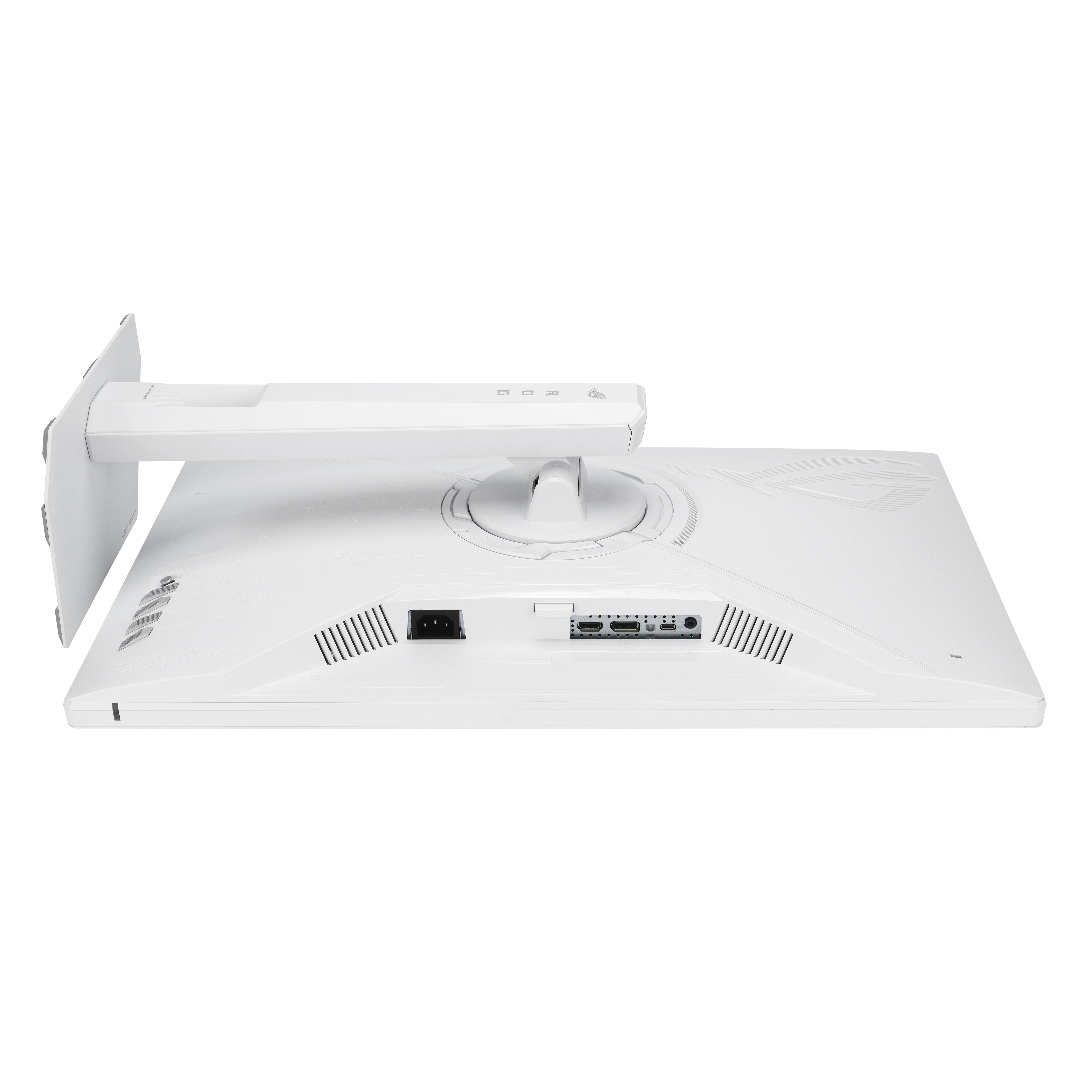 Arrière d'un moniteur blanc montrant les ports d'alimentation, HDMI, DisplayPort et USB-C.