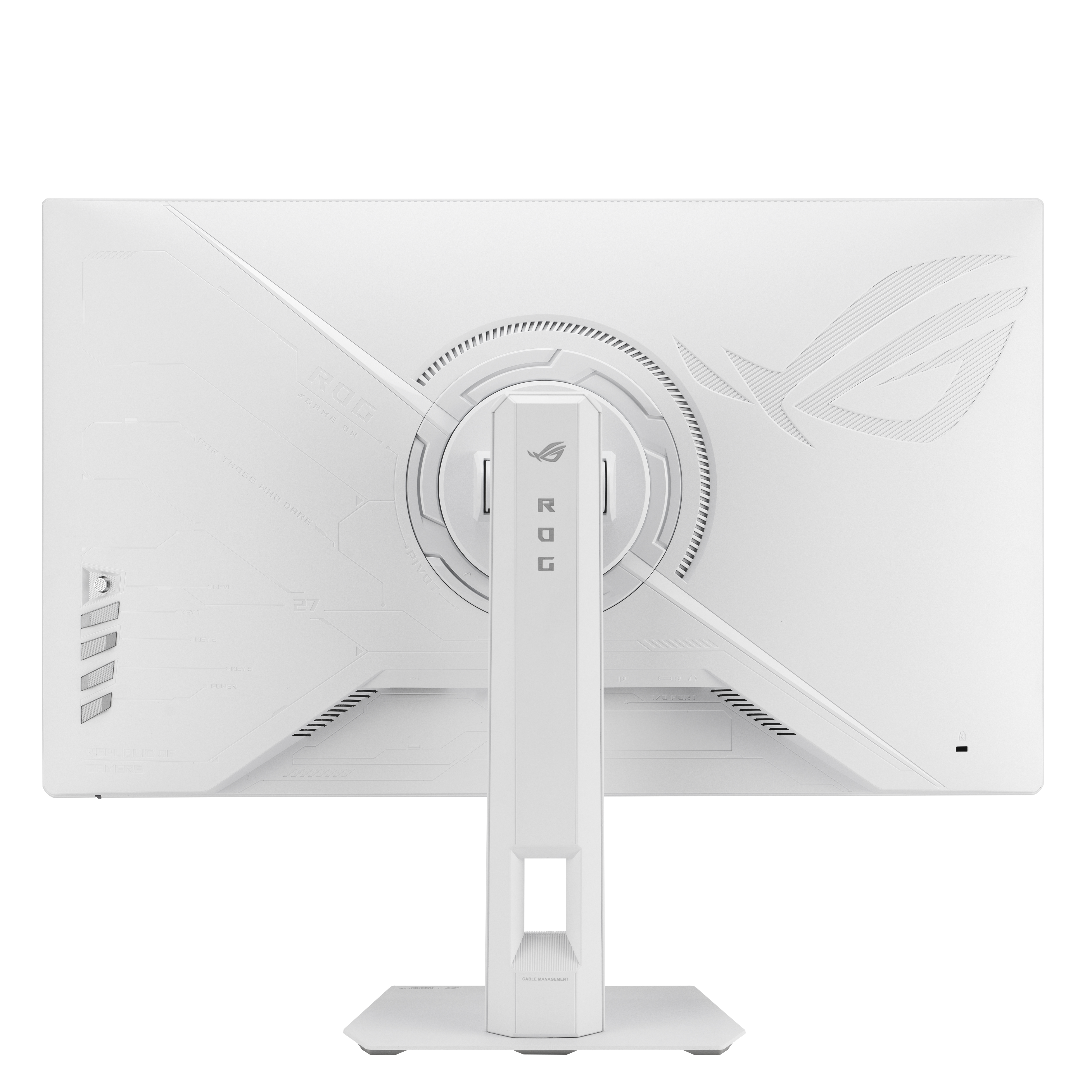 Arrière de moniteur blanc avec logo ROG et détails. Support avec gestion des câbles.