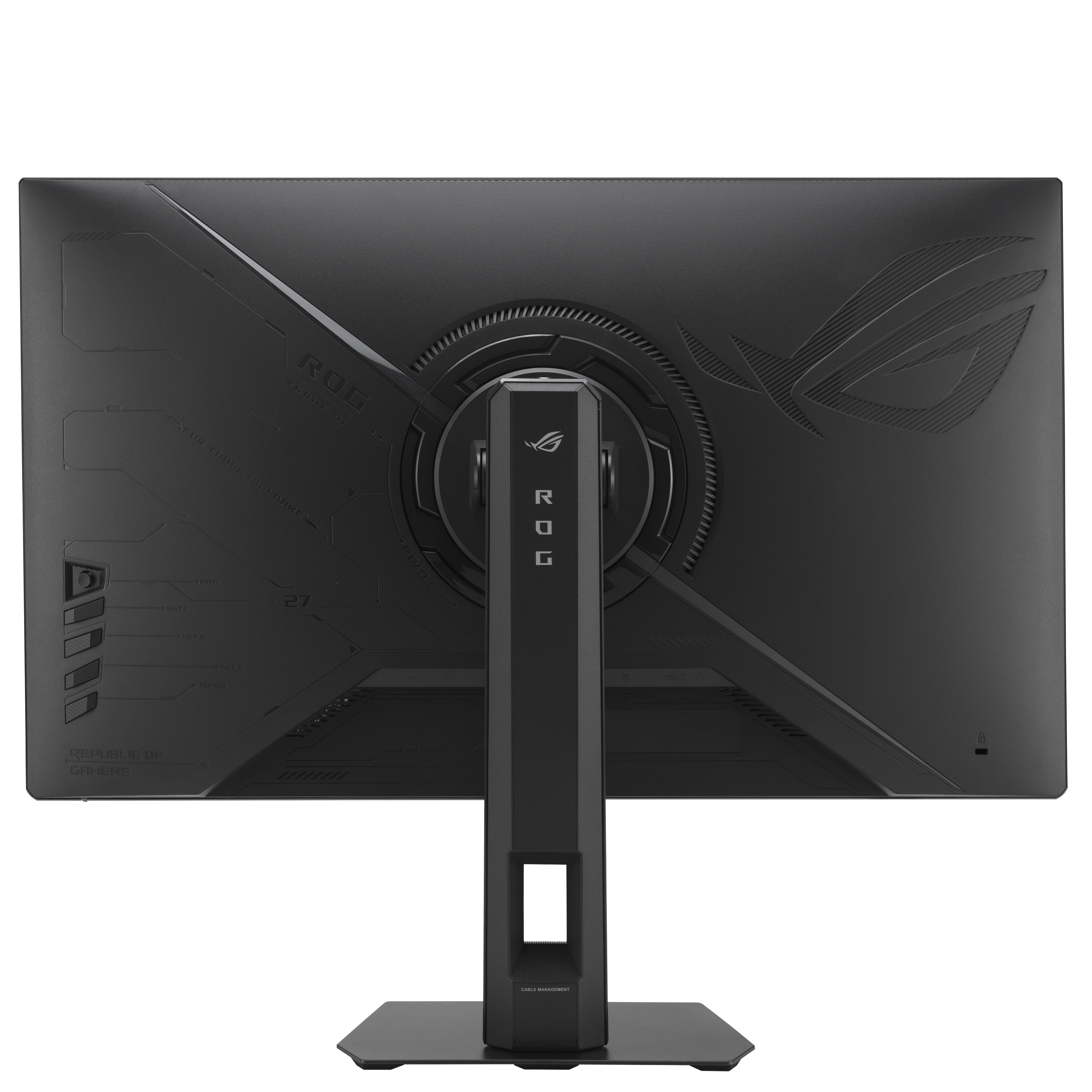 Arrière d'un moniteur noir avec logo ROG et gestion des câbles.