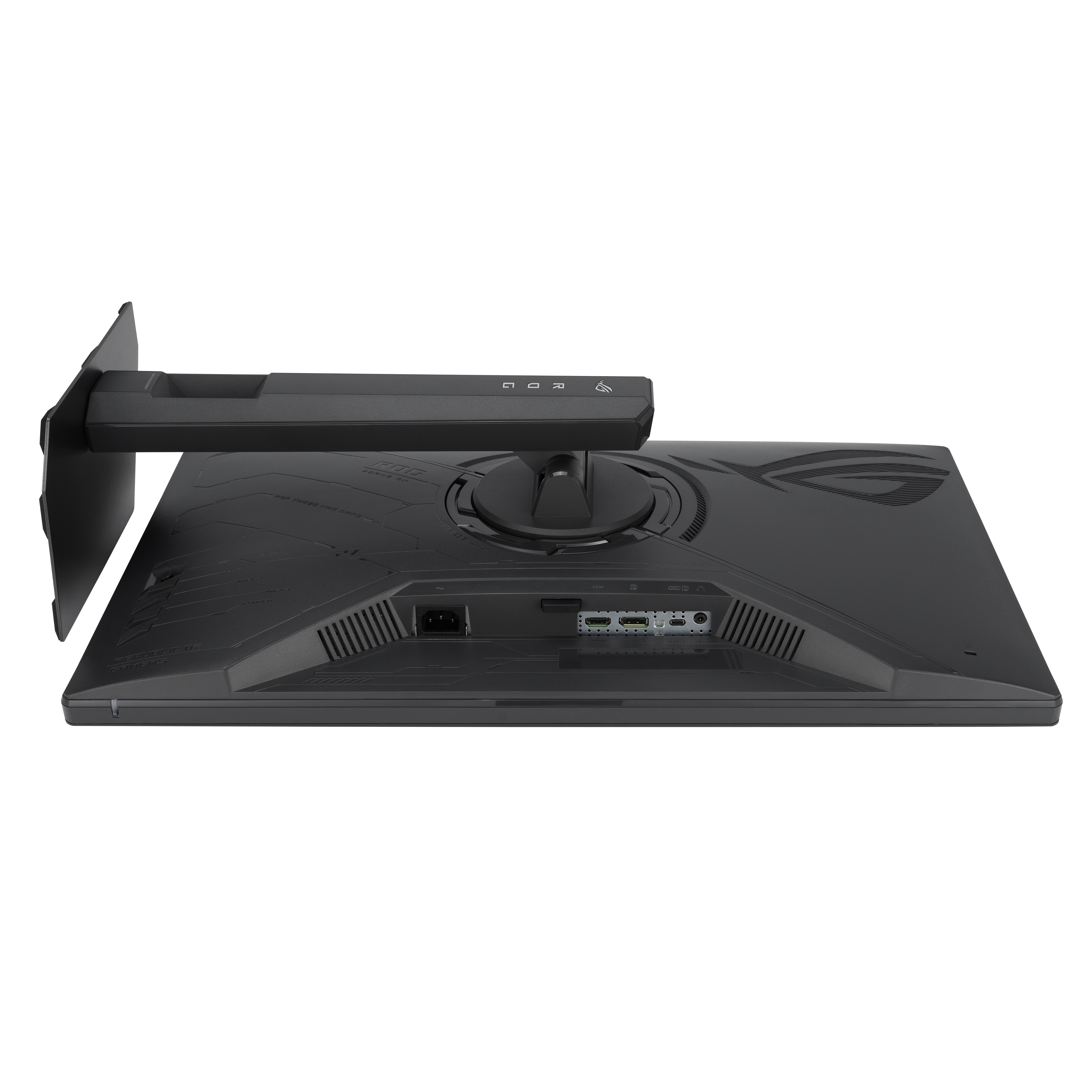 Arrière d'un moniteur noir avec ports et bras.