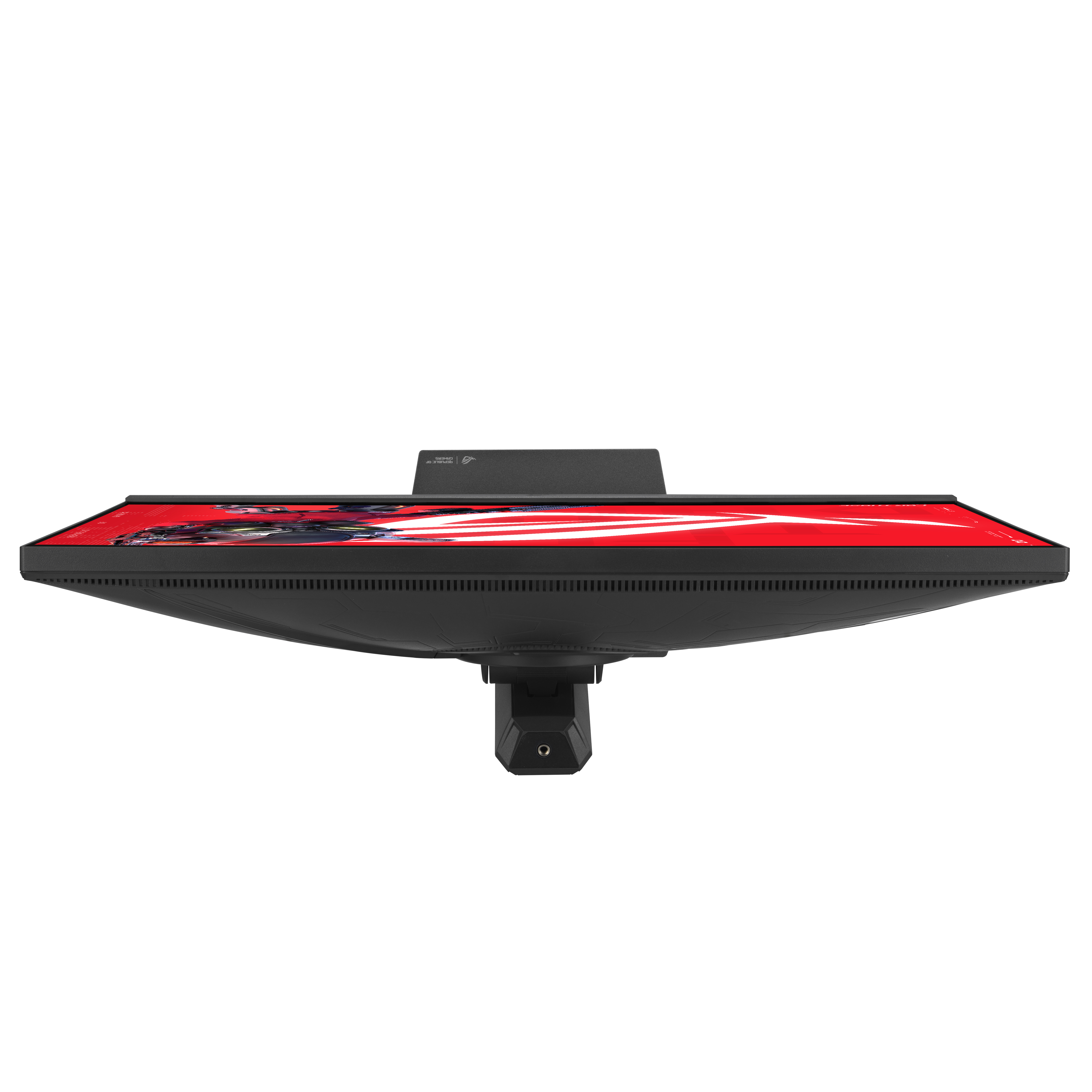 Un écran noir affichant un motif rouge, avec un pied gris en dessous.