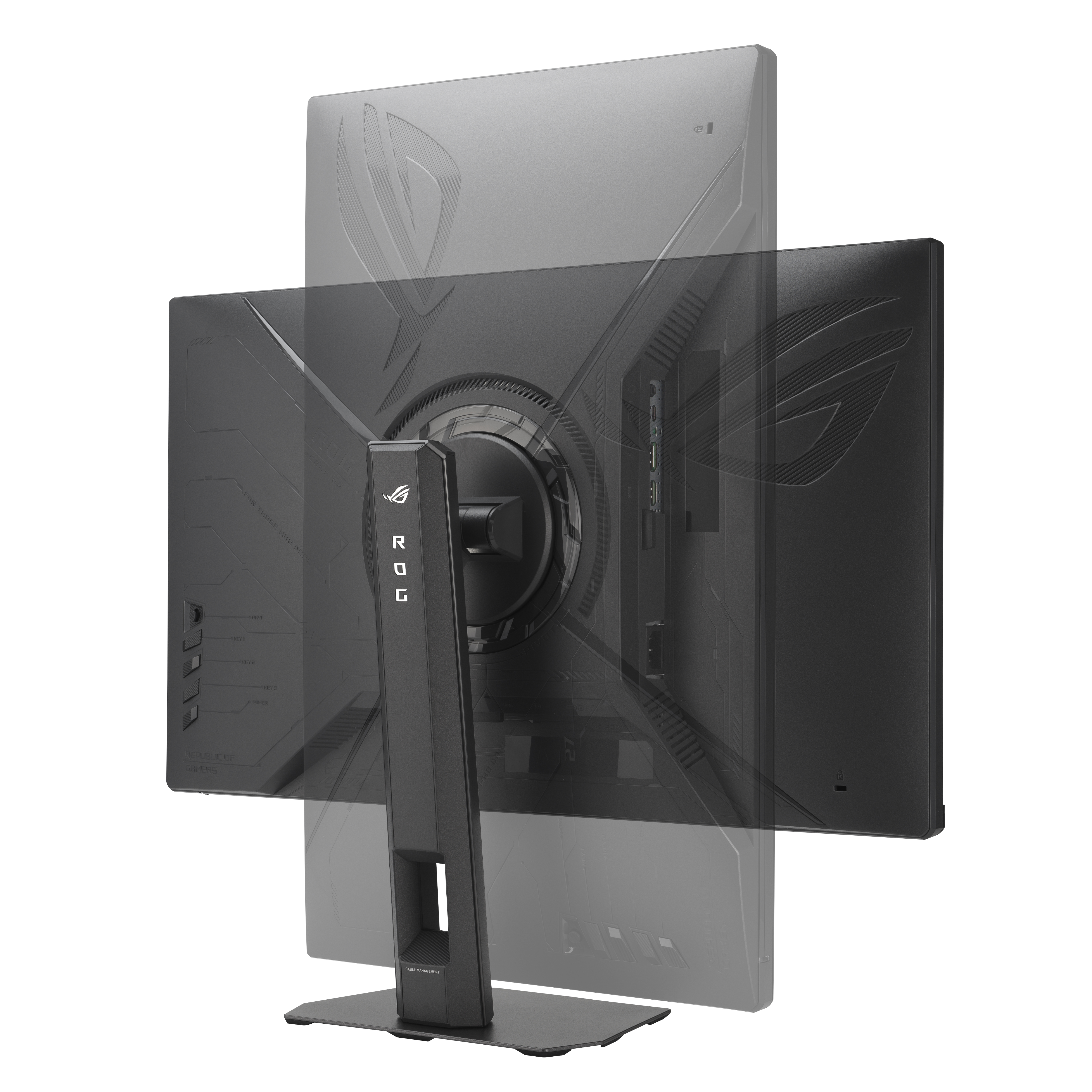 Vue arrière d'un moniteur noir avec logo ROG et ports.