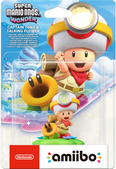Captain Toad und Sprechende Blume Amiibo-Verpackung mit Charakterabbildungen.