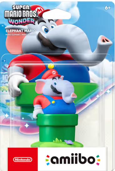 Super Mario Bros. Wonder Elephant Mario Amiibo-Figur in Verpackung.