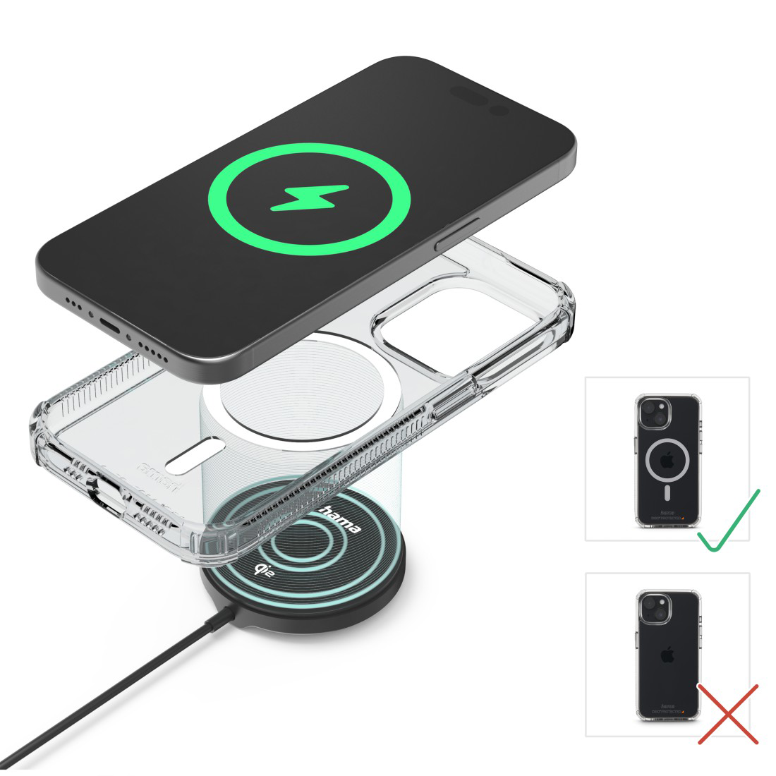 iPhone tokkal vezeték nélkül töltődik töltőállomáson. Zöld villám látható.