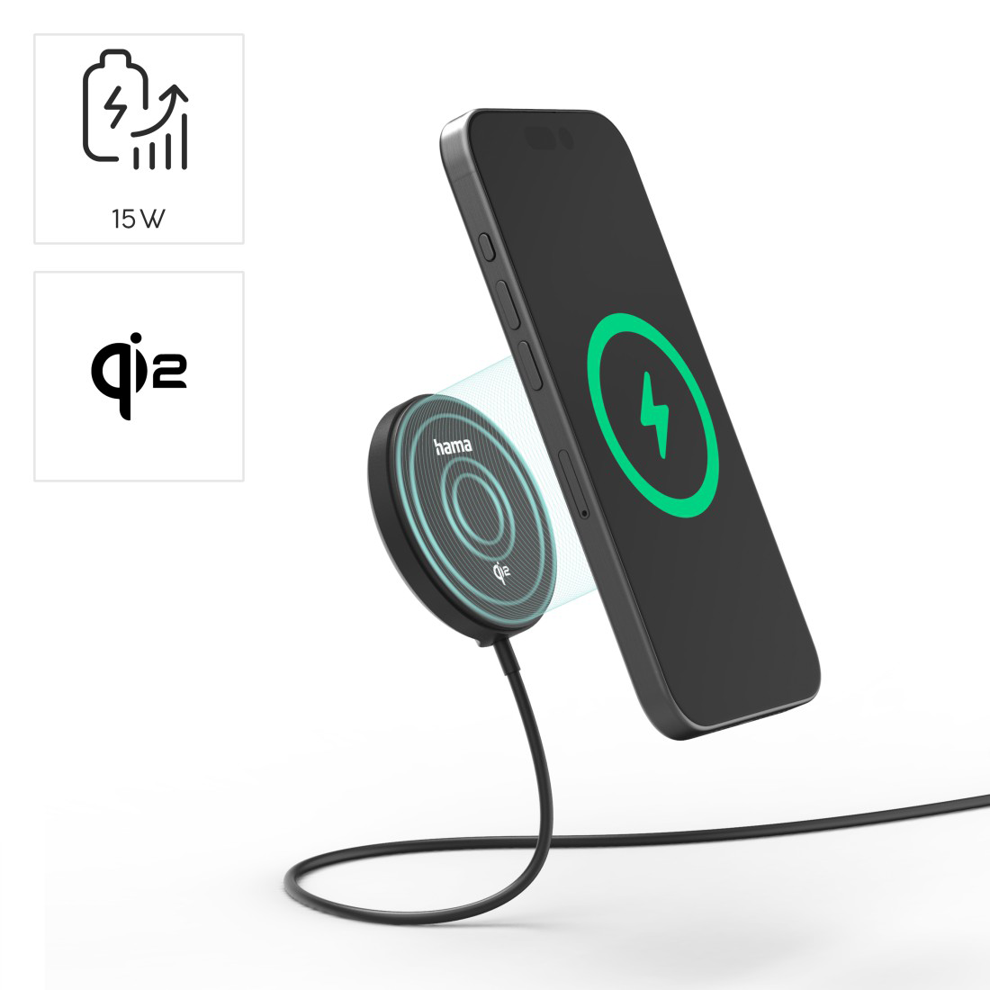 Fekete okostelefon vezeték nélkül töltődik Hama Qi2 15W-os töltőn.