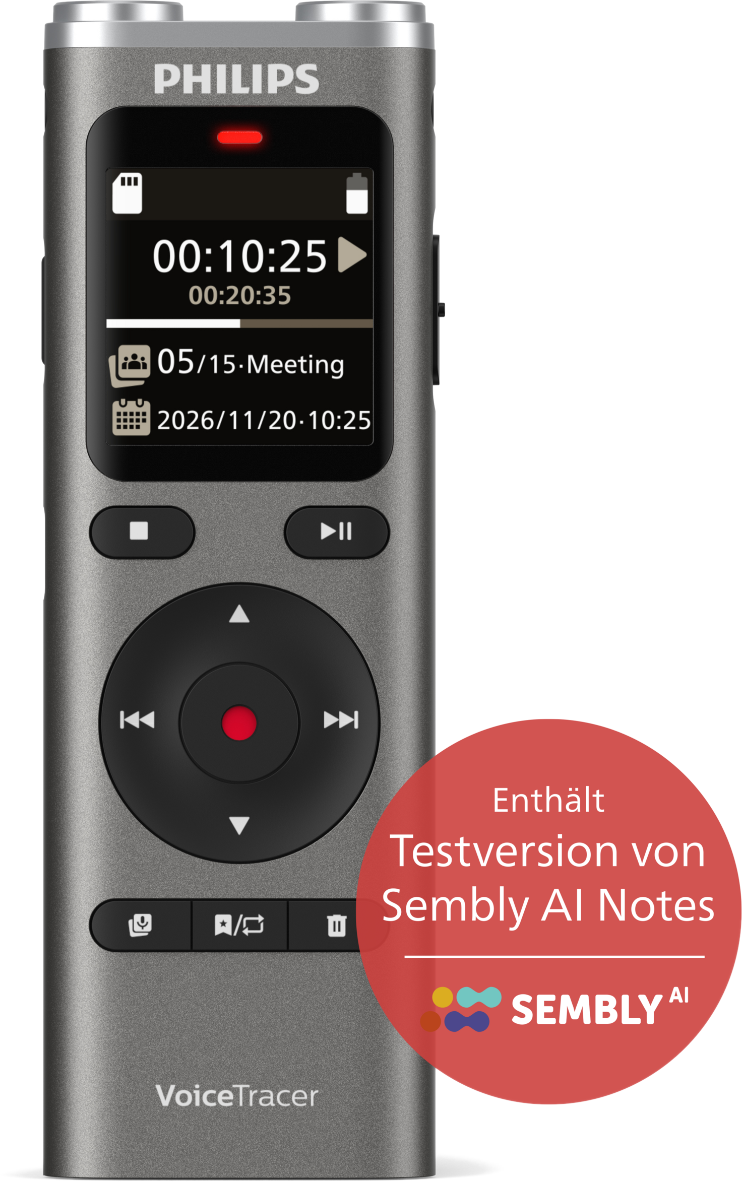 Grauer Philips VoiceTracer mit Bildschirm und Steuertasten. Rote Testversion-Aufkleber.