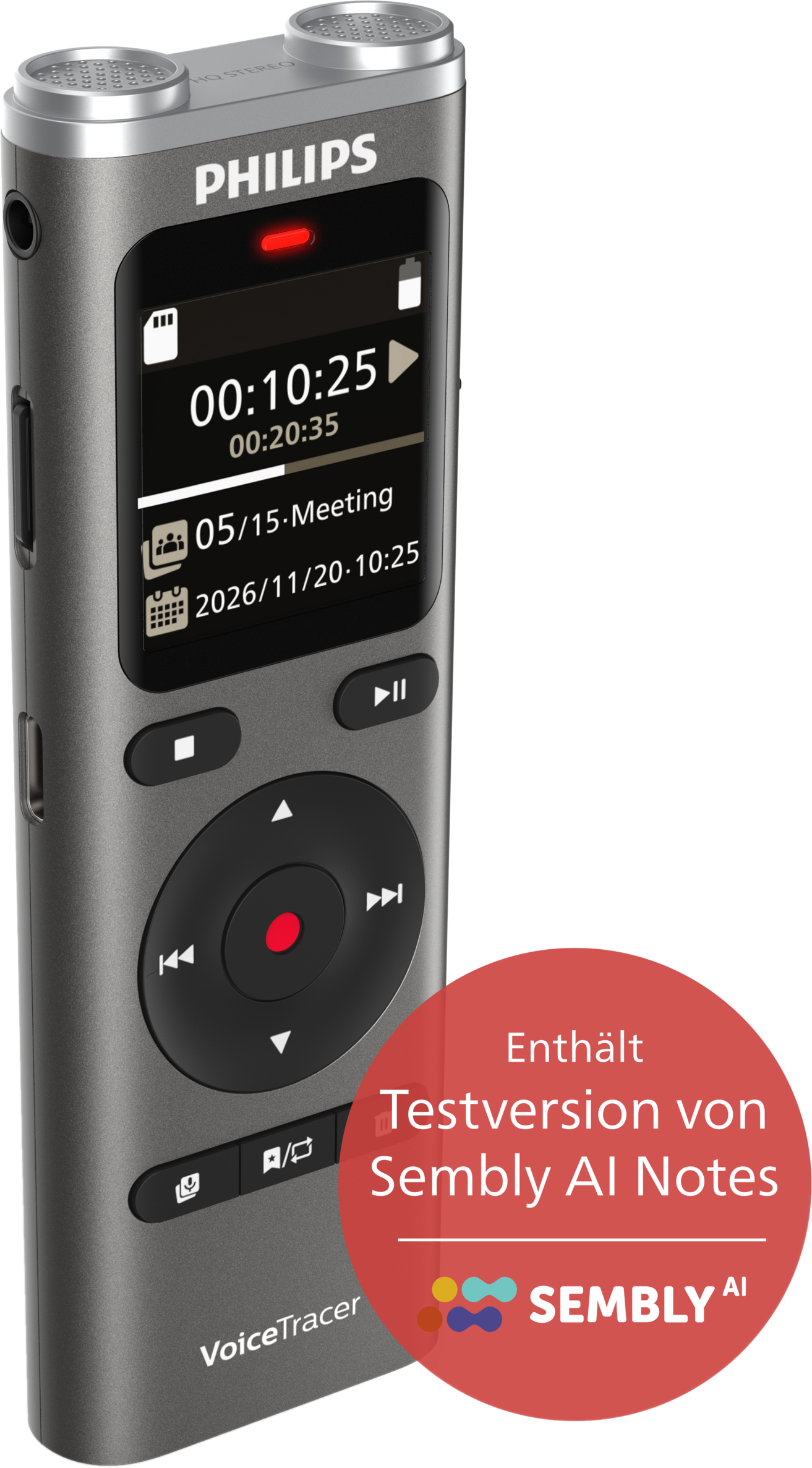 Grauer Philips VoiceTracer mit rotem Aufnahme-LED, Display und Steuertasten.