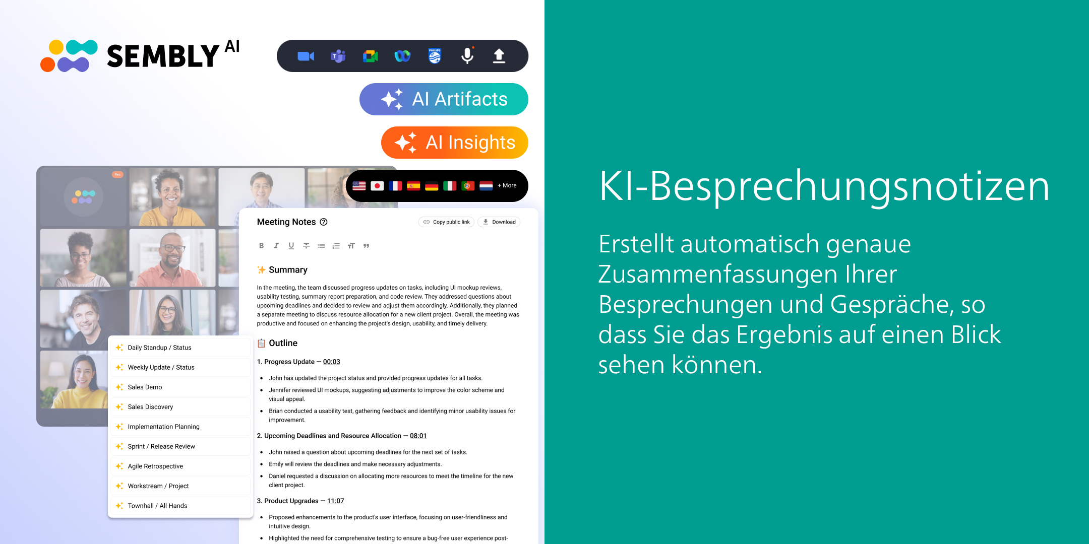 Screenshot zeigt eine KI-gestützte Besprechungszusammenfassungs-App.