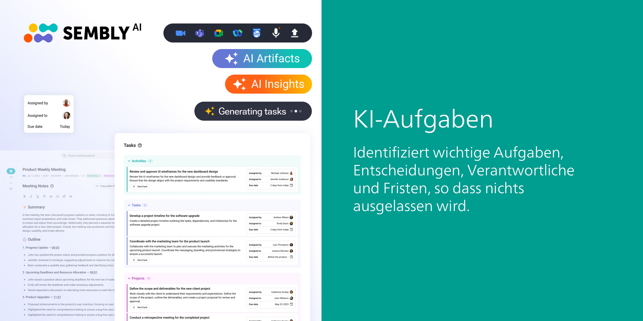 Screenshot einer Benutzeroberfläche mit Aufgaben und Besprechungsnotizen.