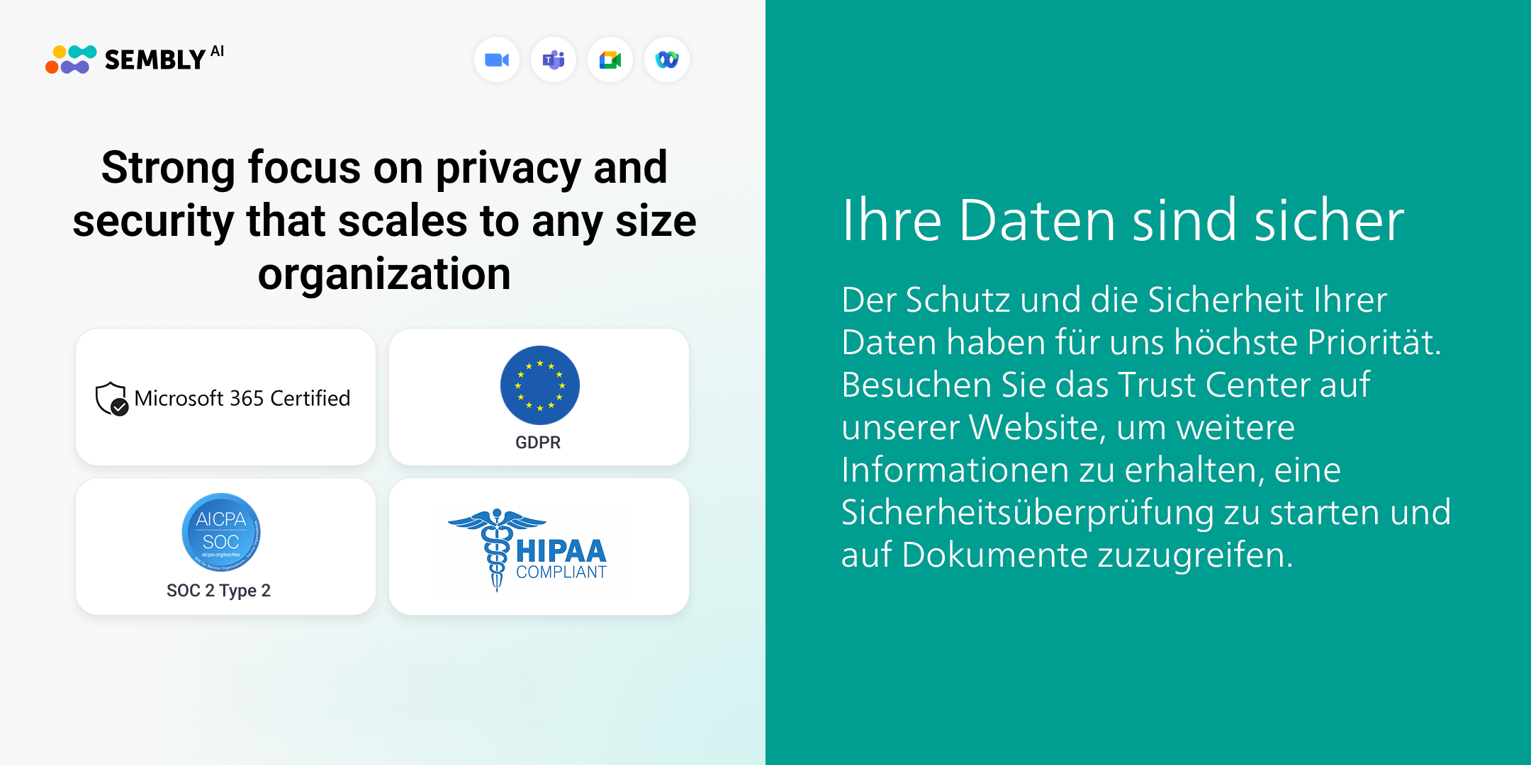 Logo, Microsoft 365, GDPR, SOC 2, HIPAA Siegel, und deutscher Text.