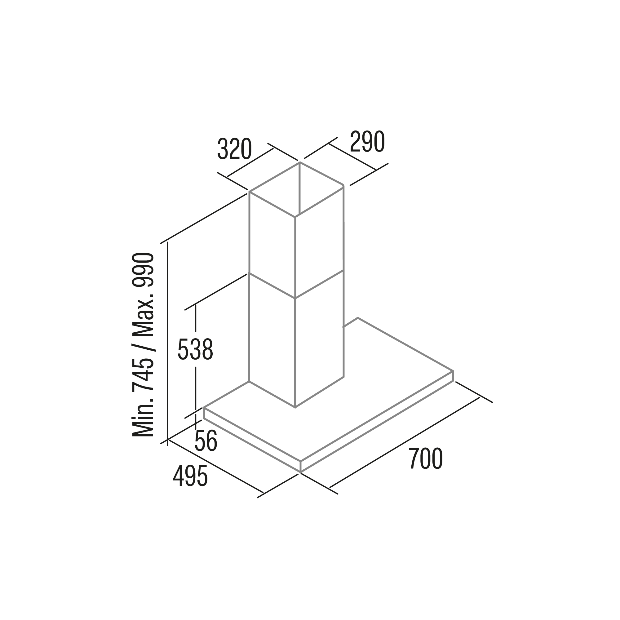 Dibujo técnico de una campana extractora con dimensiones.