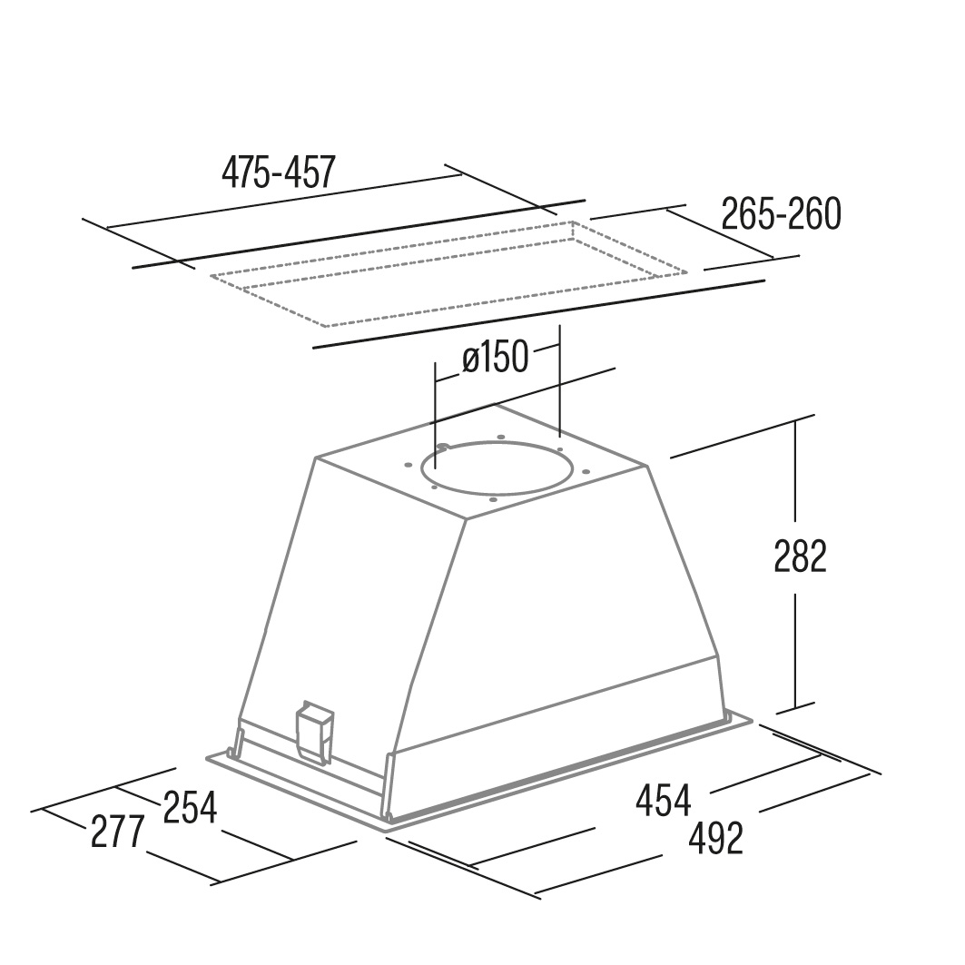 Dibujo técnico de una campana extractora con dimensiones.