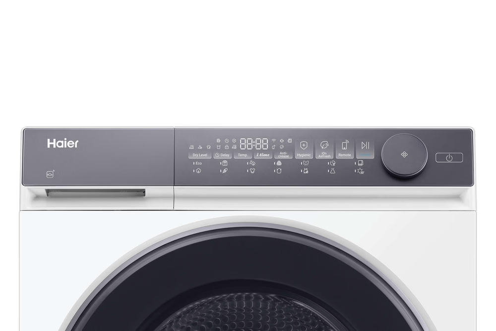 Haier szárítógép kezelőpanel digitális kijelzővel, ikonokkal és tárcsával.