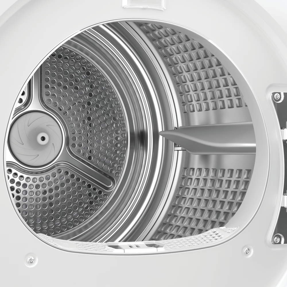 Fehér ruhaszárító dobjának belső nézete, ventilátorral és terelőkkel.