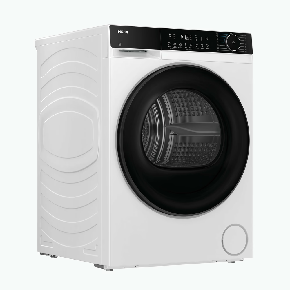 Fehér Haier mosógép fekete ablakkal és kezelőpanellel.