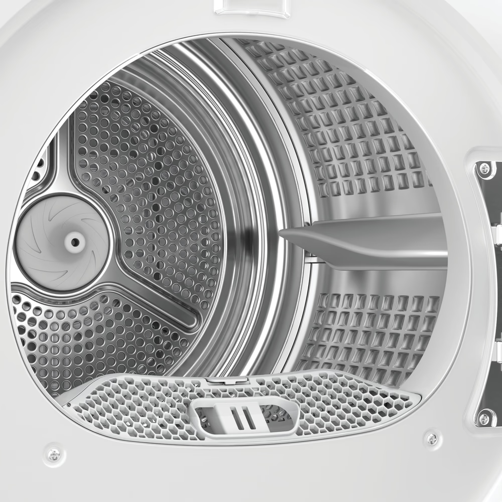 Fehér szárítógép belseje fém dobbal, ventilátorral és fűtőelemekkel.