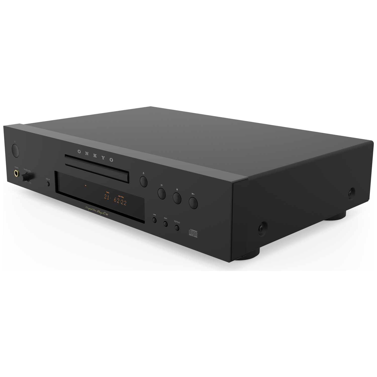 A black CD player with silver controls and an orange display sits on a white background.