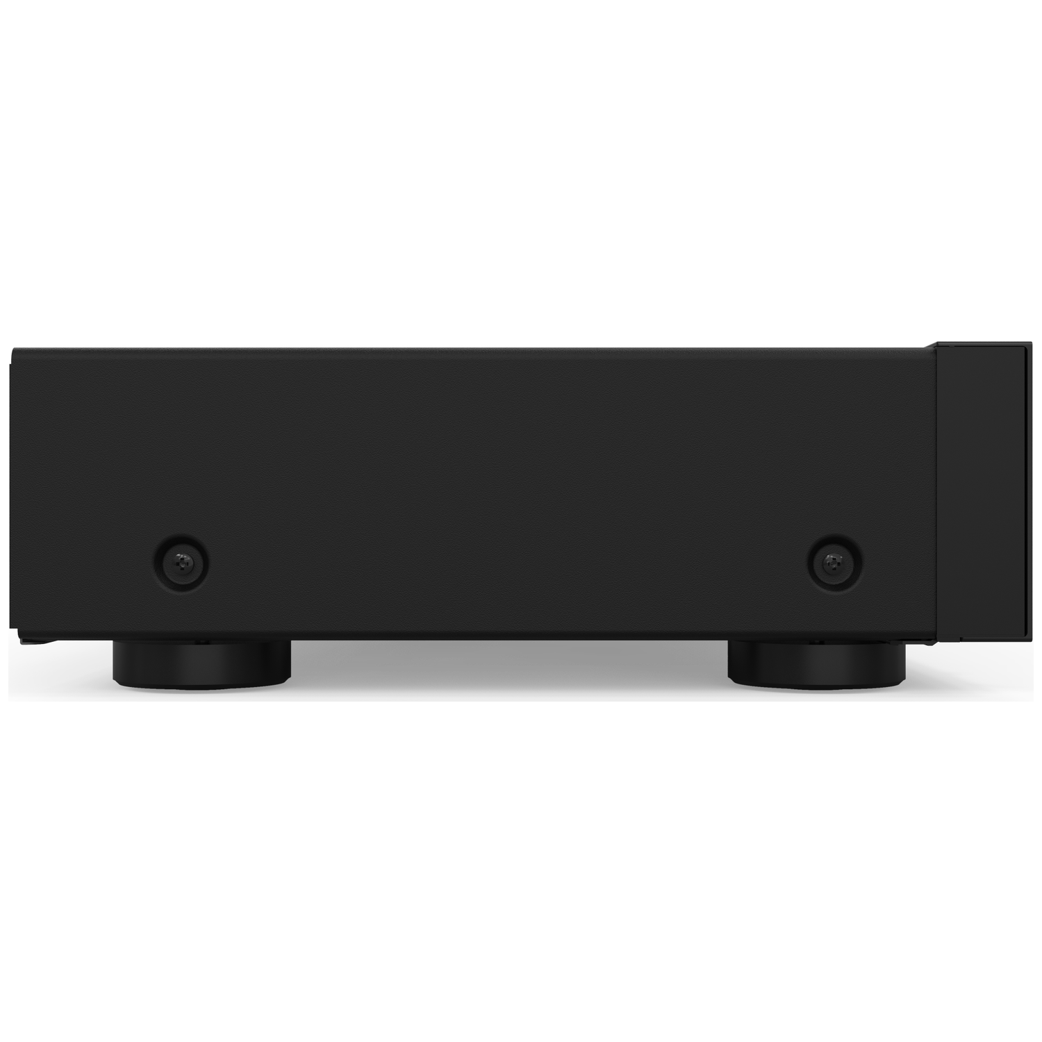Black electronic device with feet and screws, side view.