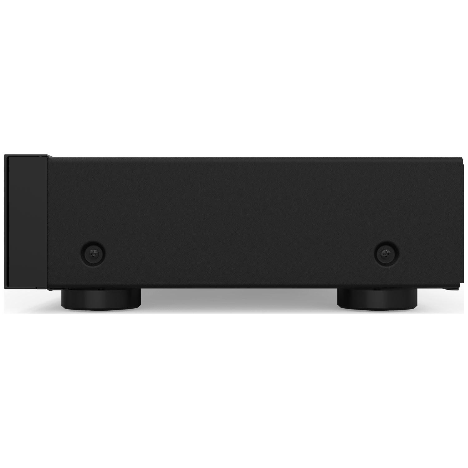 Black electronic device with rubber feet and screws on the side.